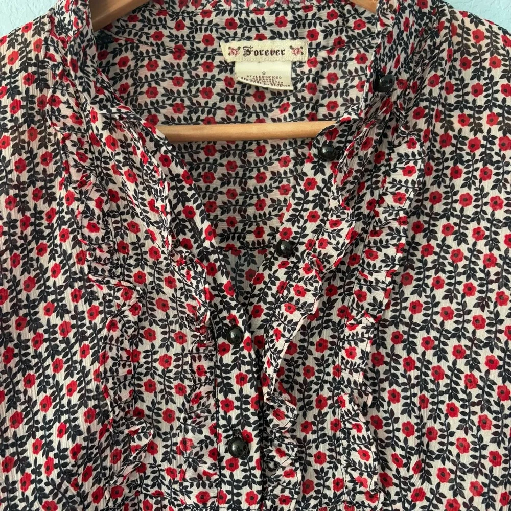 Vintage Forever 21 Red Black Floral Sheer Tunic Top Ruffle Y2K - Picture 4 of 14